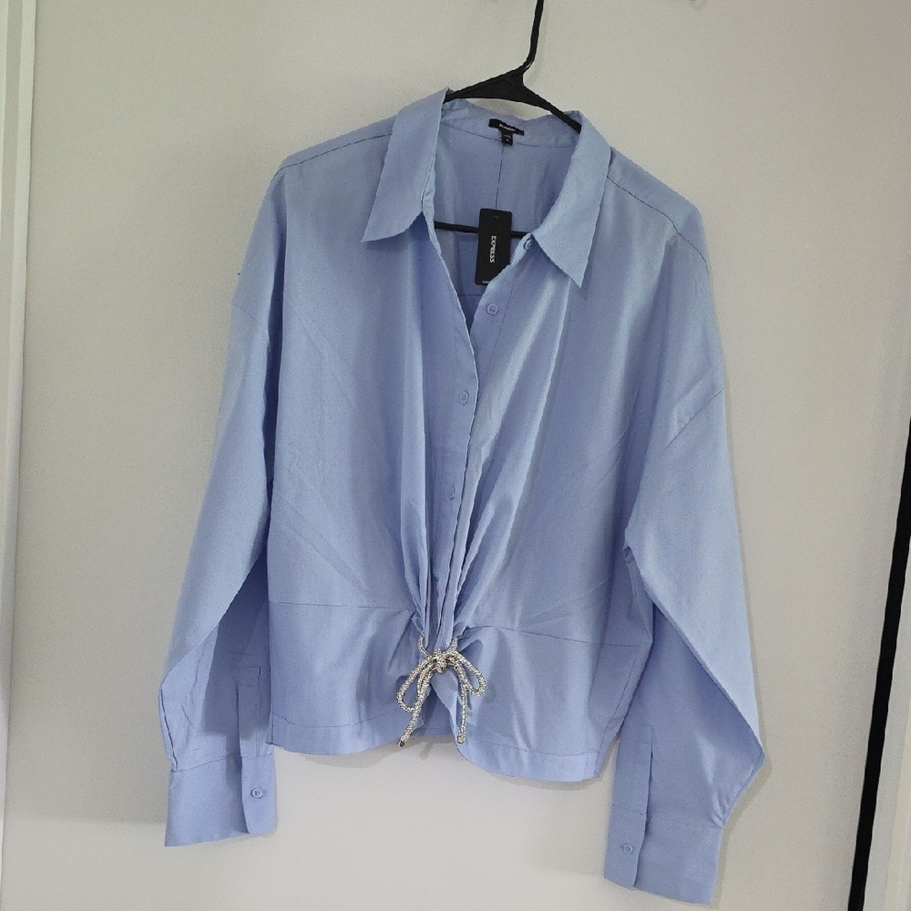 Light Blue Button-Up Shirt with Drawstring